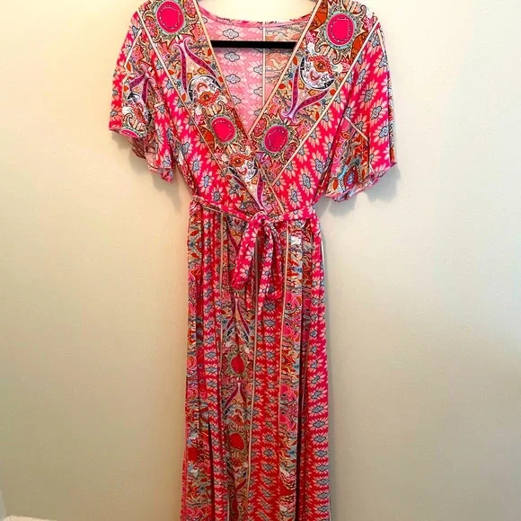 Floral Wrap V Neck Short Sleeve Dress with Belt - Picture 2 of 4